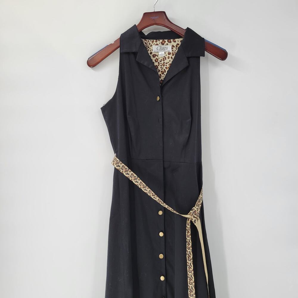 Vintage Clues Collection Womens Dress 10 Black Leopard Belt Button Up 90s